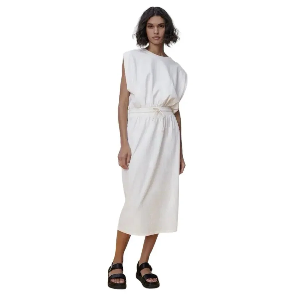 New Zara Dress Womens M Extended Shoulder Midi Tank Cinched Drawcord Waist Ivory - Picture 16 of 16